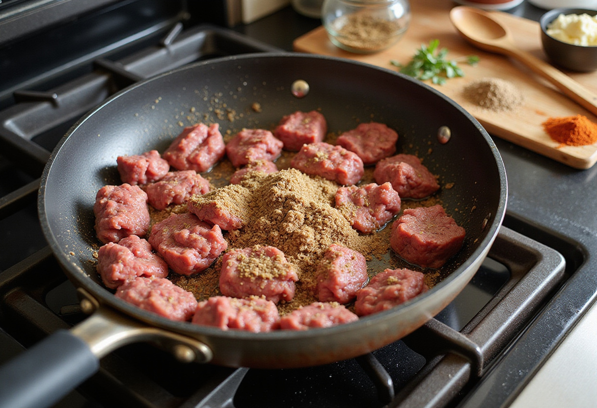 Carne molida sazonada para la receta de canelones de carne.