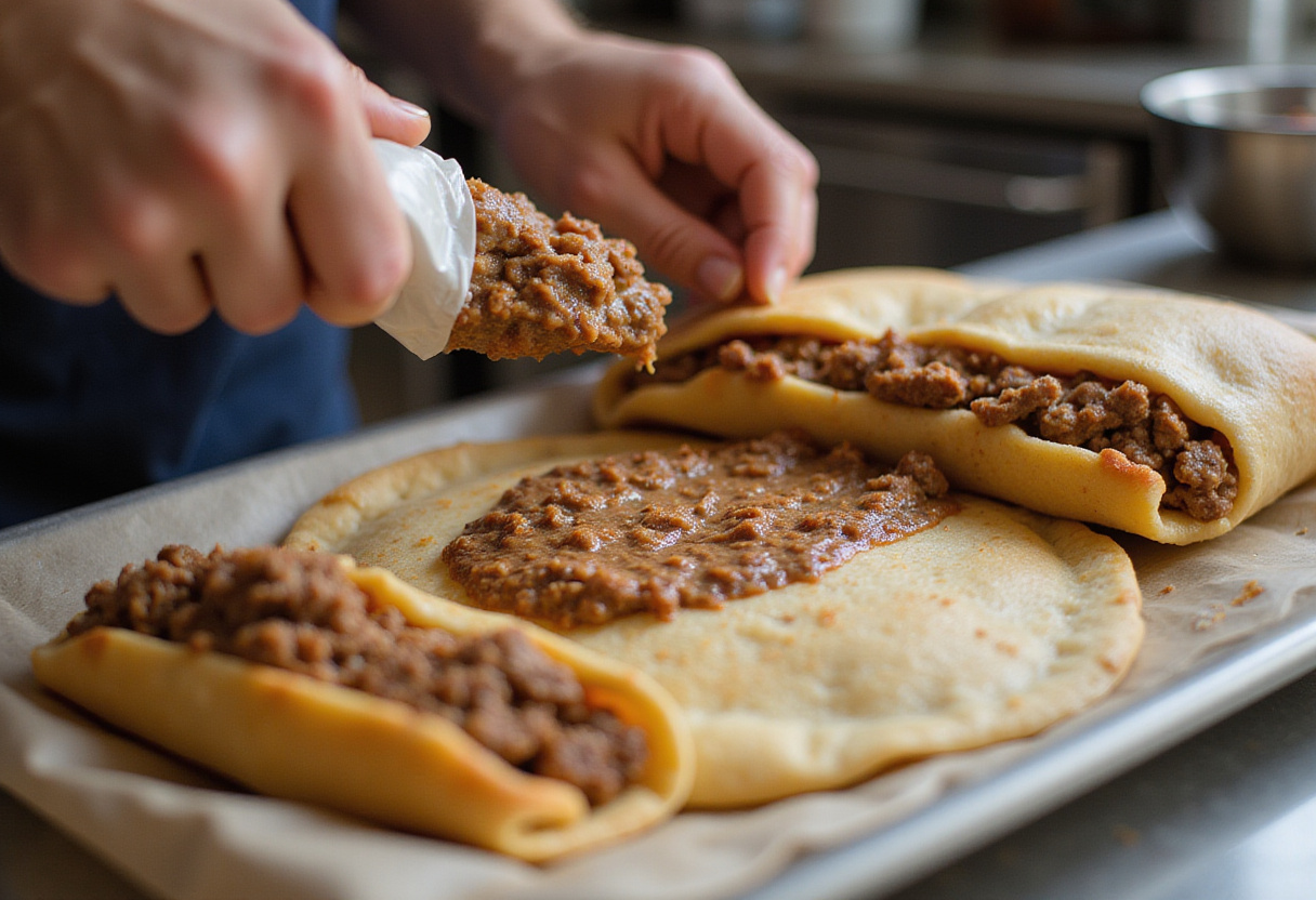 Mezcla de carne molida preparándose en una manga pastelera para rellenar los canelones de carne.