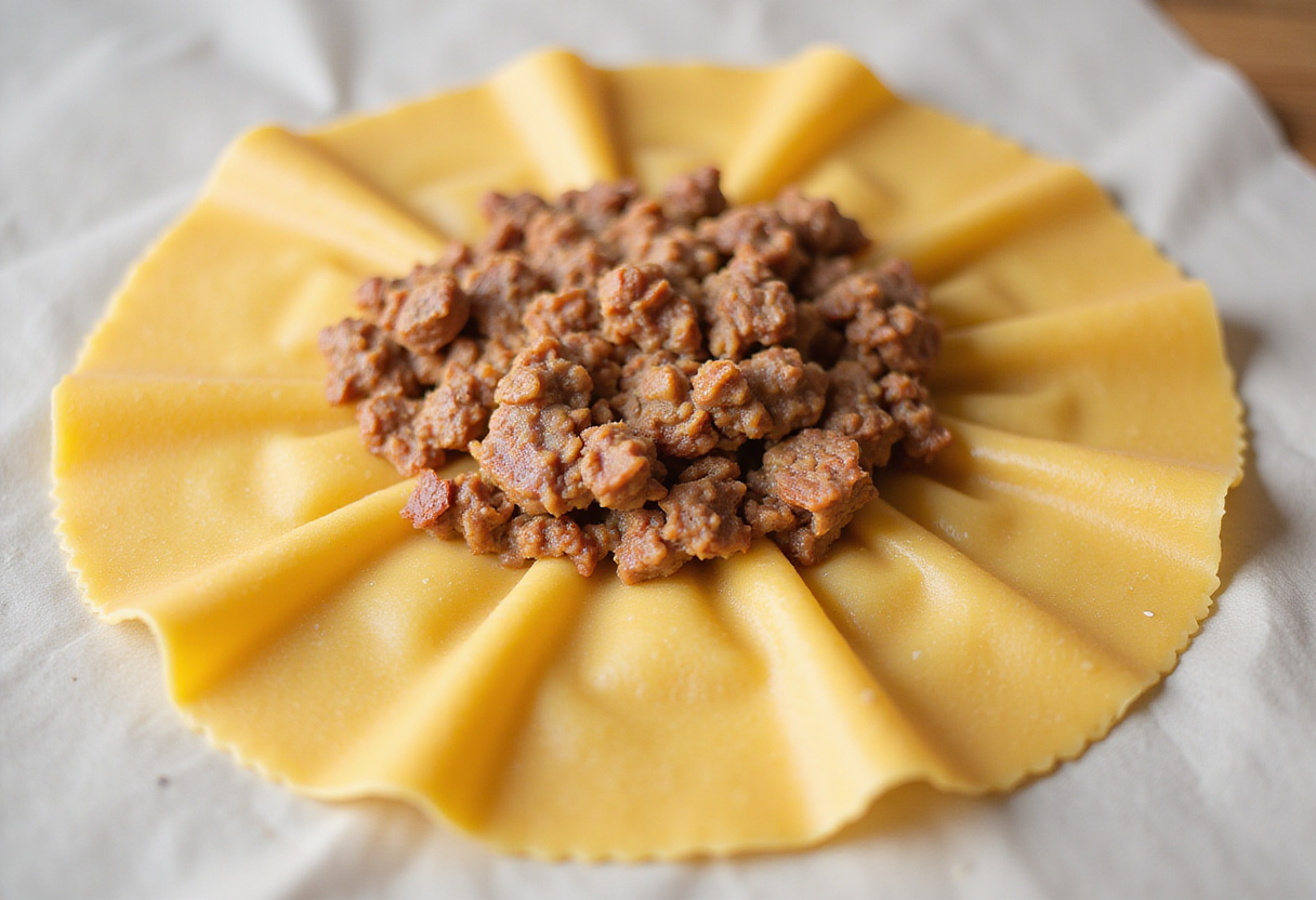 Láminas de pasta para canelones listas para ser rellenadas con carne molida sazonada para canelones de carne.