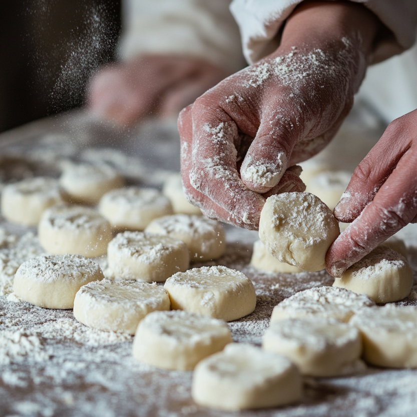 Shaping Pan de Bono dough into small balls on a floured surface.