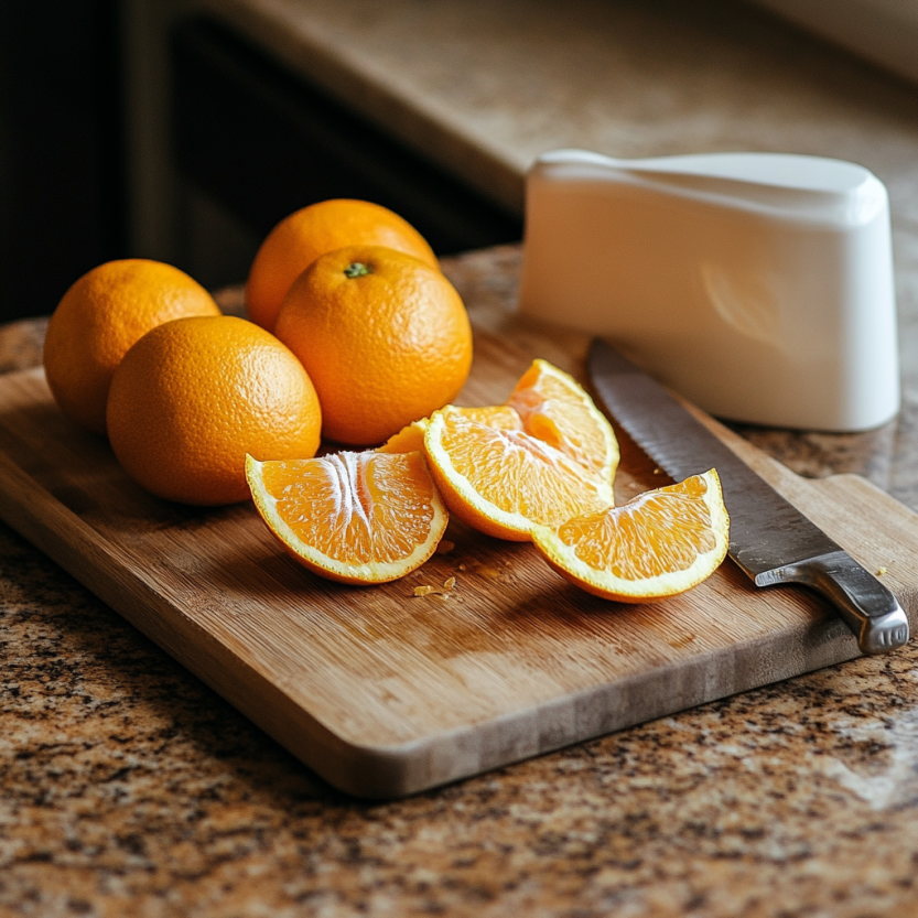 A wooden cutting board on a kitchen counter with fresh oranges being peeled, a knife next to them, ready to segment the oranges for a salad.