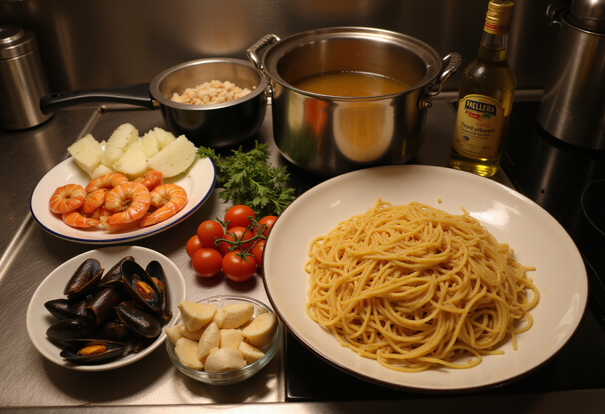 Ingredientes dispuestos para fideua de marisco en la cocina: fideos, mariscos, caldo y verduras listos para cocinar