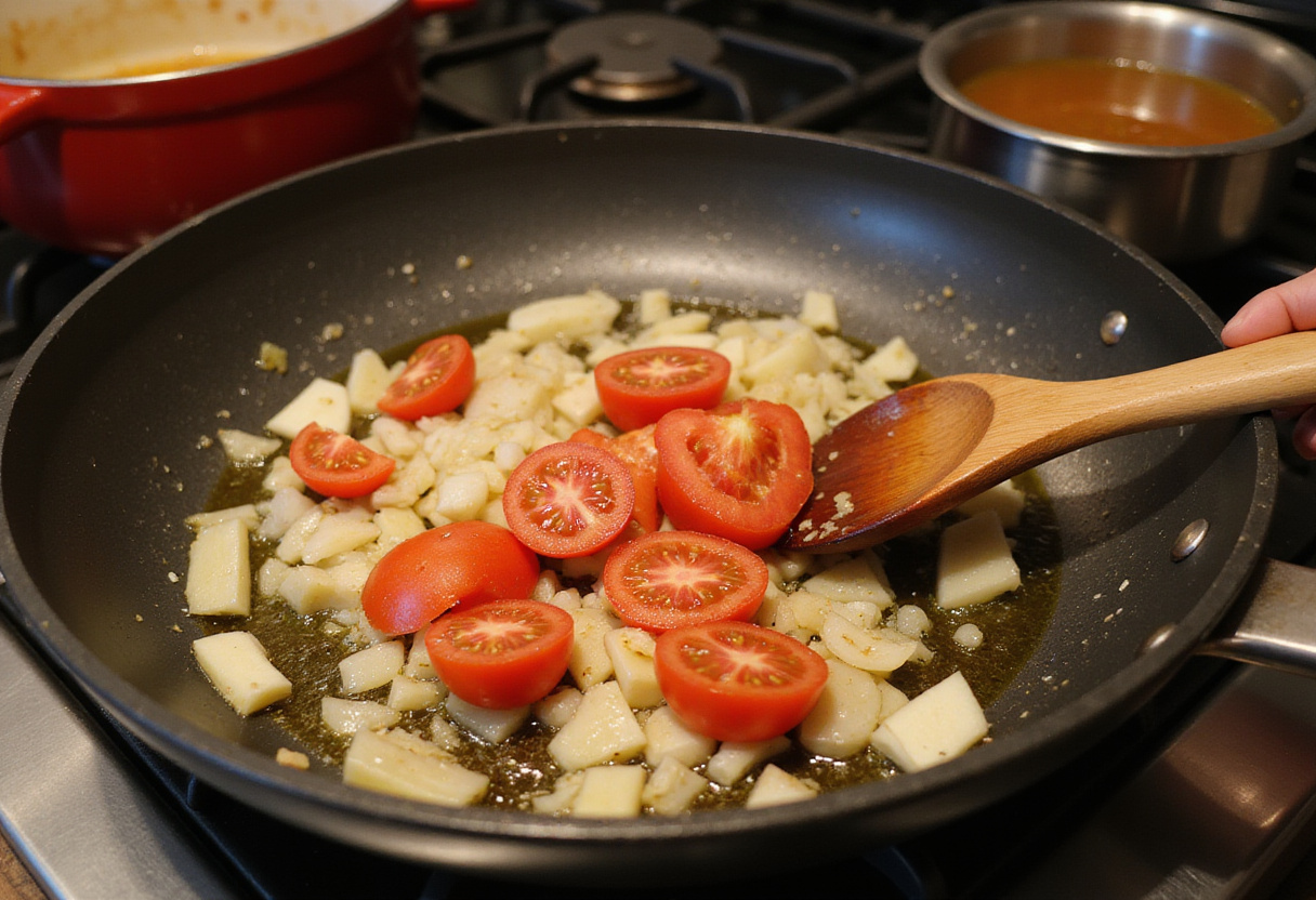 Sofrito de cebolla, ajo y tomate en paellera para fideua de marisco