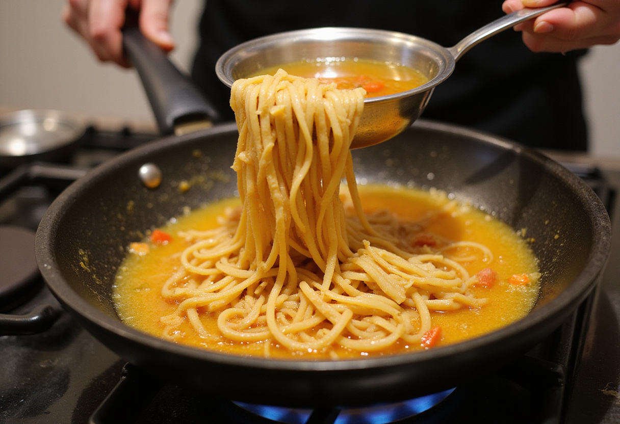 Añadiendo fideos a la paellera para fideua de marisco con caldo de mariscos