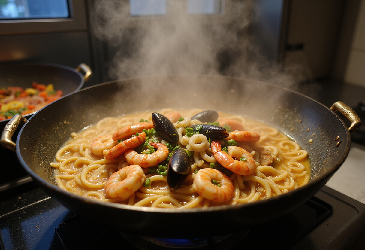 Paellera con fideua de marisco cocinándose con mariscos y caldo