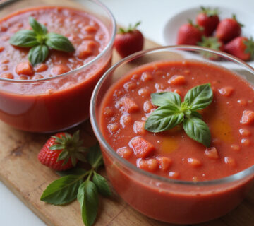 Gazpacho de fresas servido en boles con albahaca y aceite de oliva, refrescante y apetitoso.