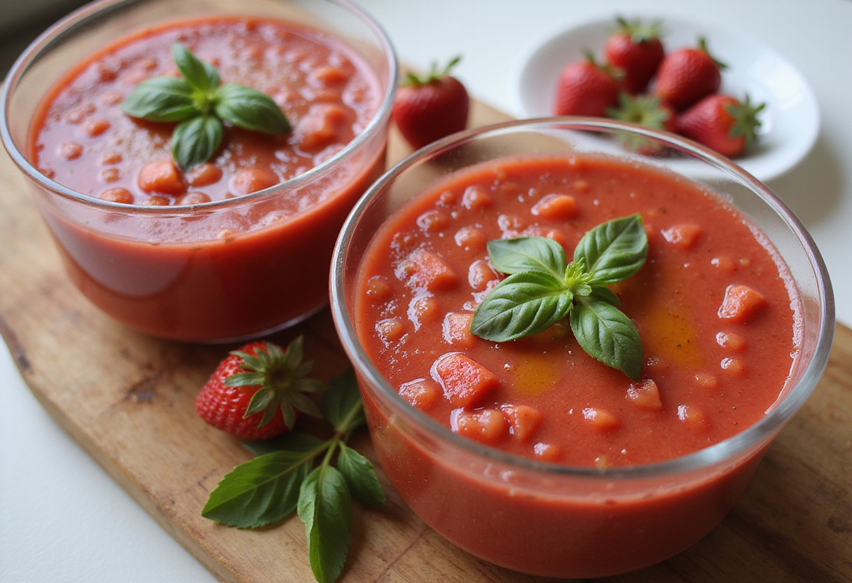 Gazpacho de fresas servido en boles con albahaca y aceite de oliva, refrescante y apetitoso.