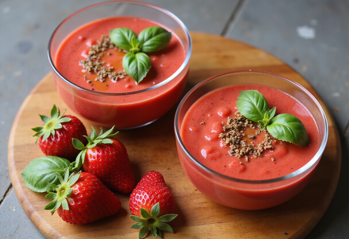 Gazpacho de fresas servido en boles con albahaca y aceite de oliva, refrescante y apetitoso.