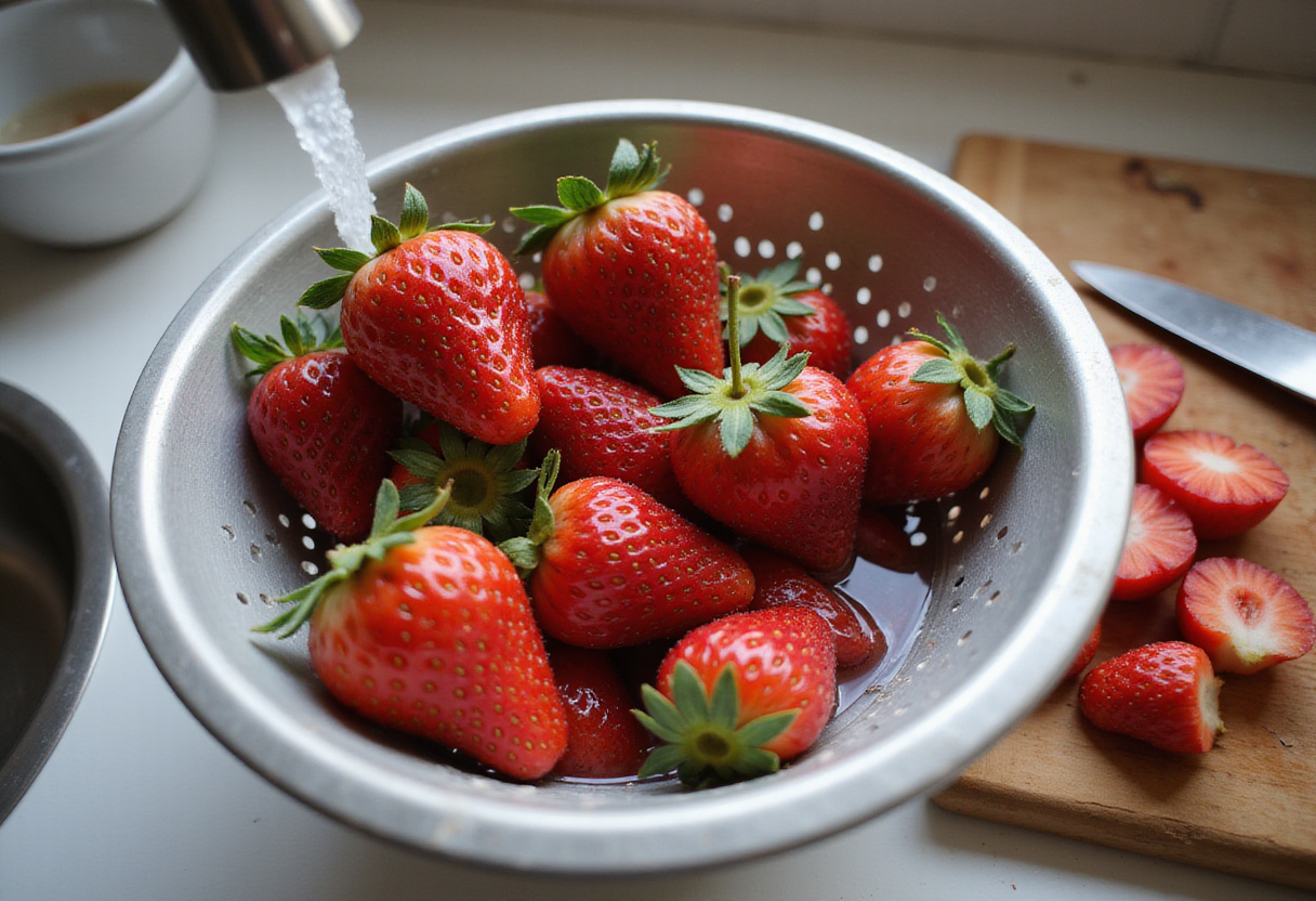 Fresas frescas lavadas y listas en un colador para preparar gazpacho de fresas.