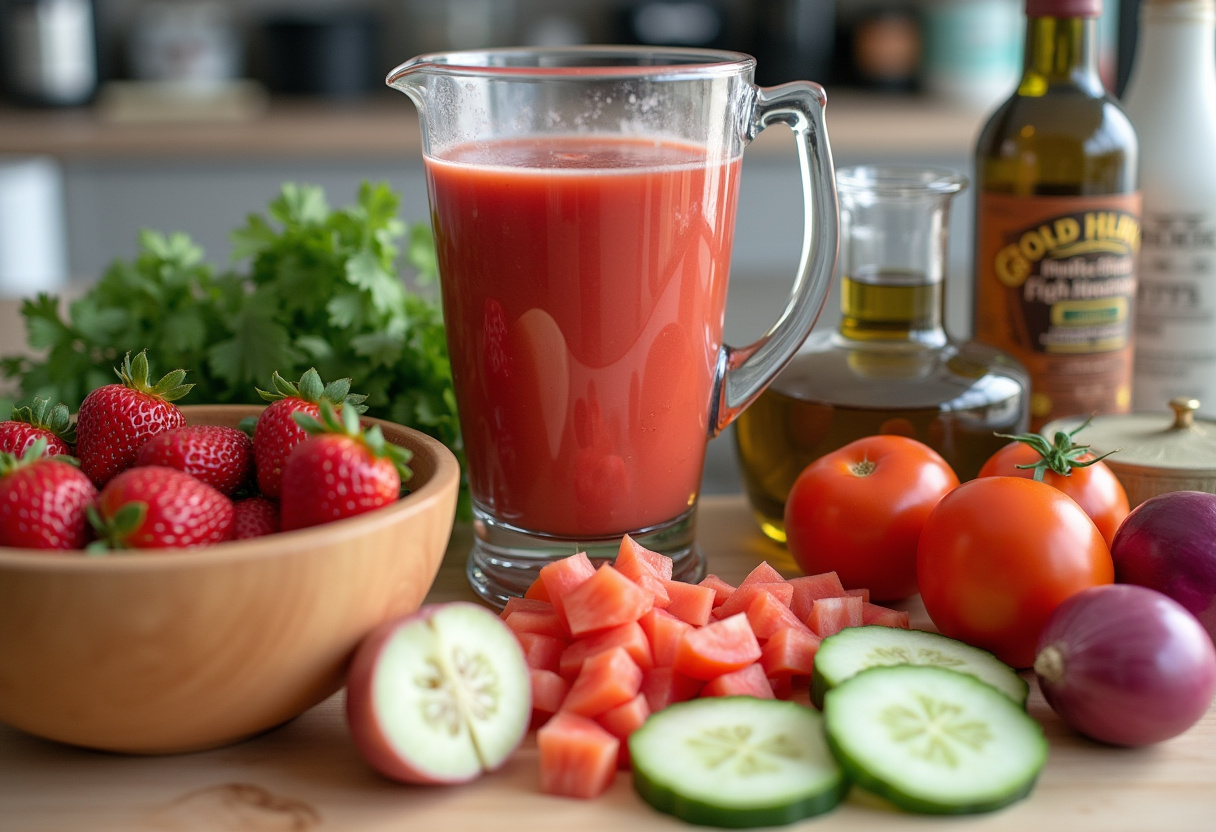 Ingredientes frescos para gazpacho de fresas dispuestos junto a la licuadora.