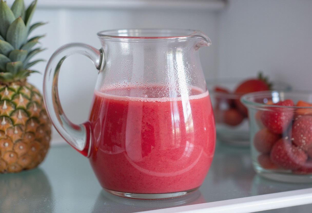 Gazpacho de fresas en jarra refrigerándose para servir bien frío.