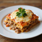 Lasaña de carne con bechamel terminada con queso gratinado y perejil lista para servir