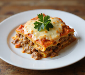 Lasaña de carne con bechamel terminada con queso gratinado y perejil lista para servir