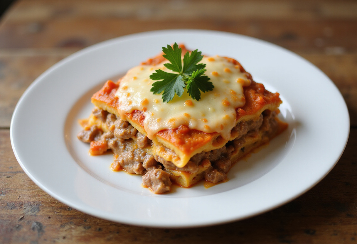 Lasaña de carne con bechamel terminada con queso gratinado y perejil lista para servir