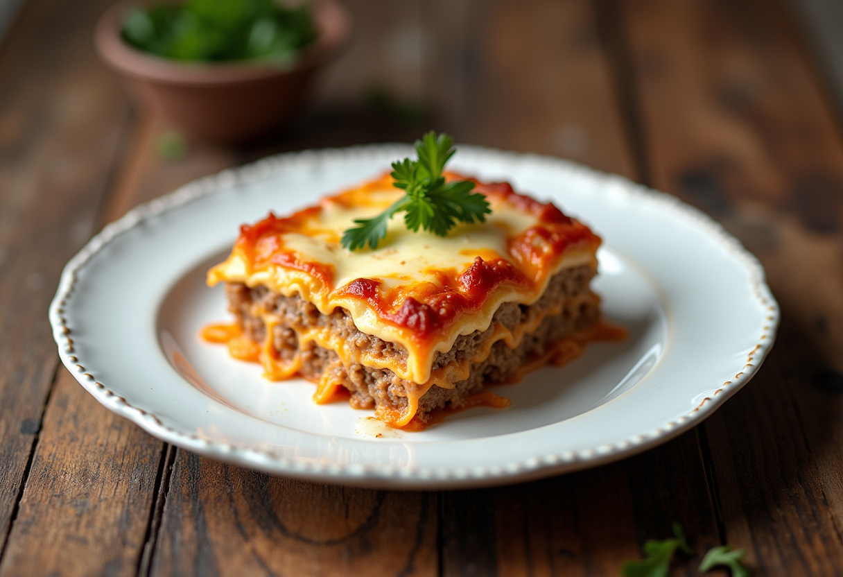 Lasaña de carne con bechamel terminada con queso gratinado y perejil lista para servir