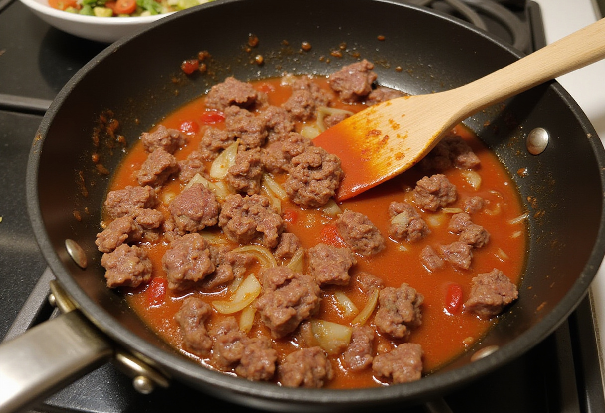 Preparación de carne para lasaña de carne con bechamel con salsa de tomate