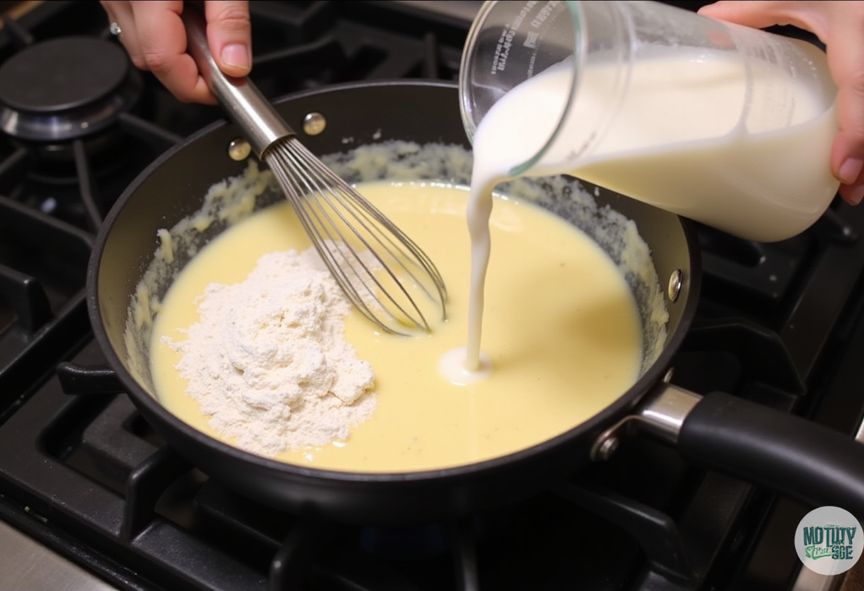 Elaboración de salsa bechamel cremosa para lasaña de carne con bechamel