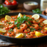 Paella de marisco terminada con gambas, mejillones y limón servida en mesa rústica para receta de paella de marisco