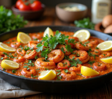 Paella de marisco terminada con gambas, mejillones y limón servida en mesa rústica para receta de paella de marisco