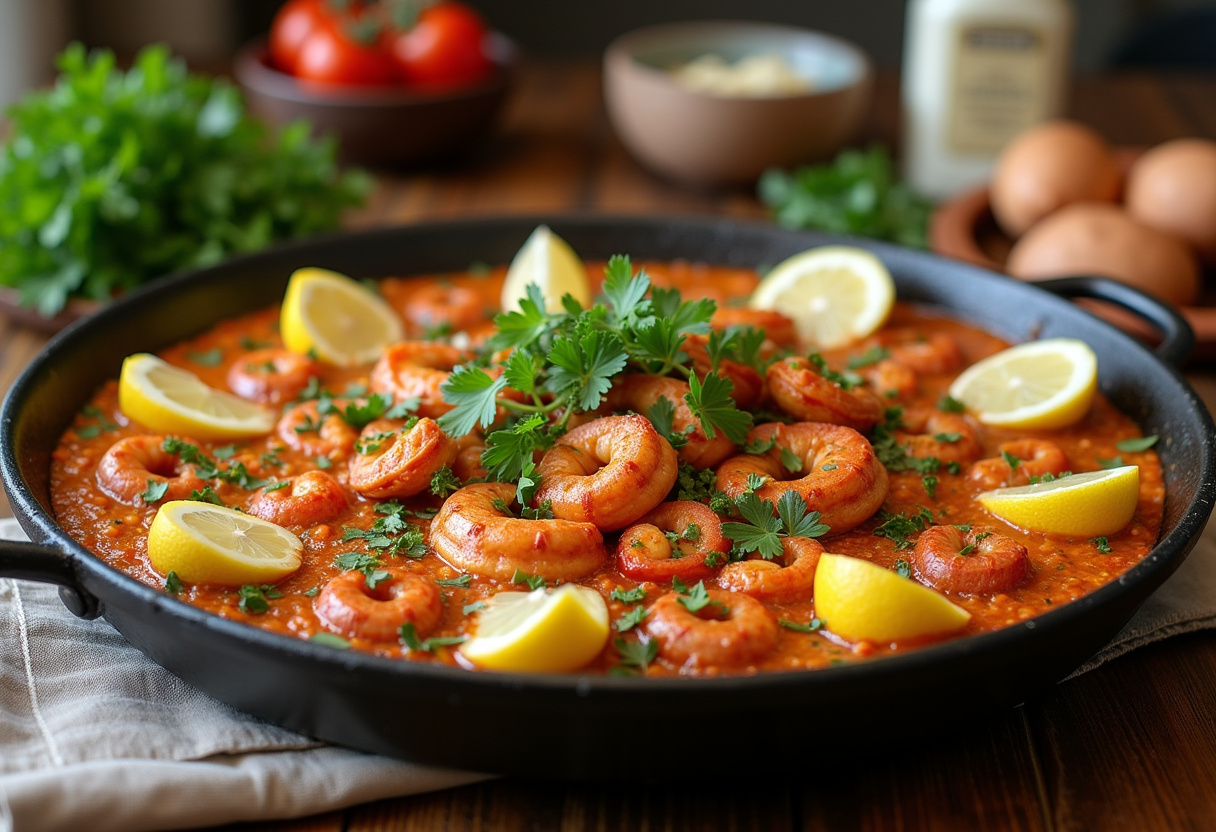 Paella de marisco terminada con gambas, mejillones y limón servida en mesa rústica para receta de paella de marisco