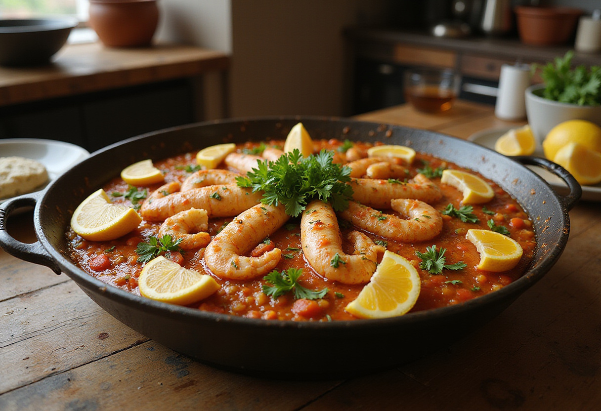Paella de marisco terminada con gambas, mejillones y limón servida en mesa rústica para receta de paella de marisco