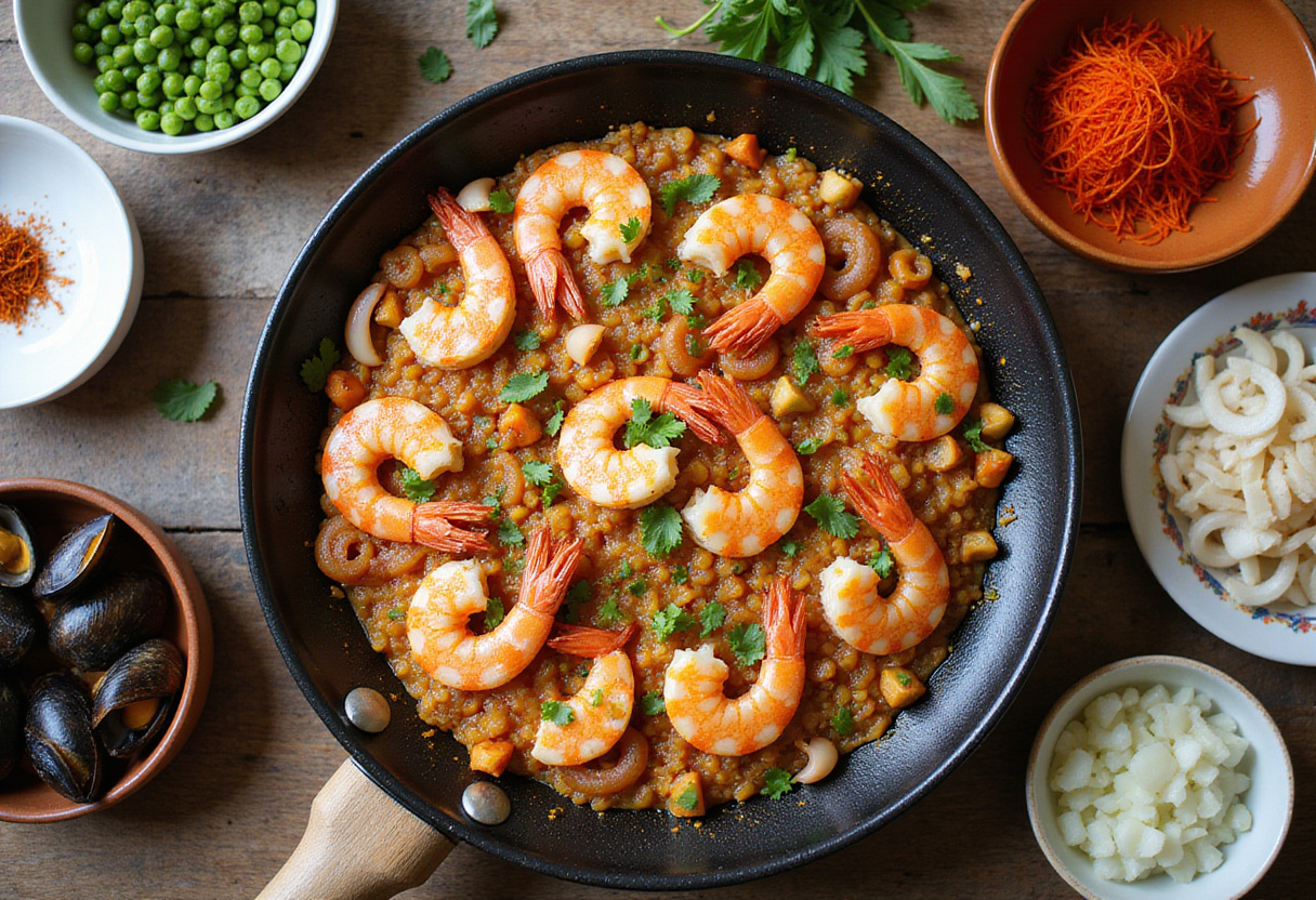 Ingredientes frescos para paella de marisco con mariscos, verduras y azafrán dispuestos alrededor de una paellera para preparar receta de paella de marisco