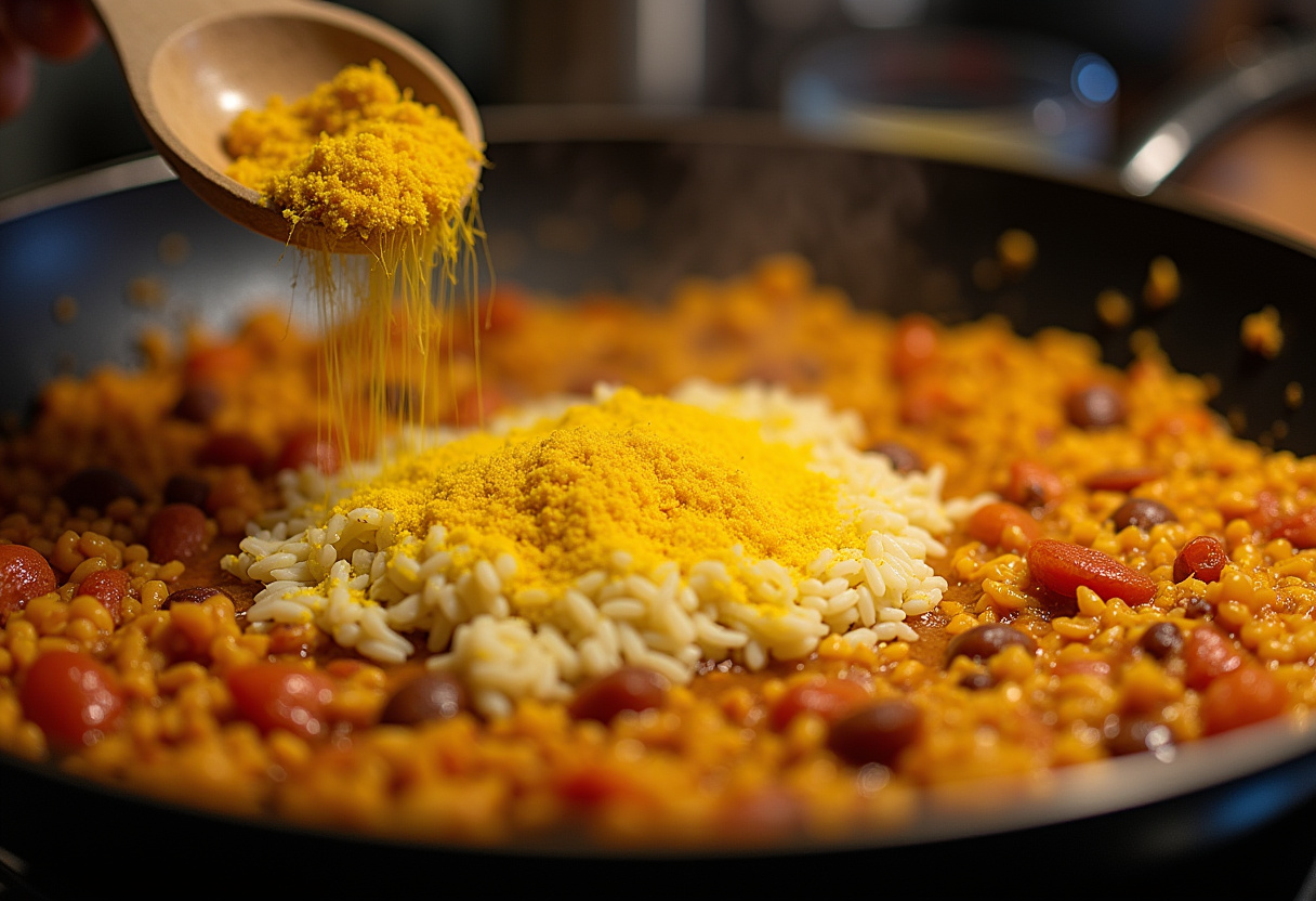 Arroz y azafrán mezclados en el sofrito en paellera para paella de marisco siguiendo receta tradicional