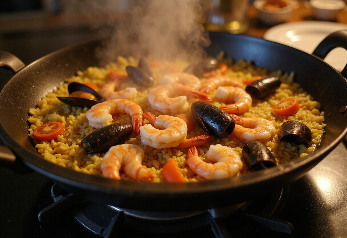 Mariscos sobre arroz hirviendo en paellera para paella de marisco con receta auténtica