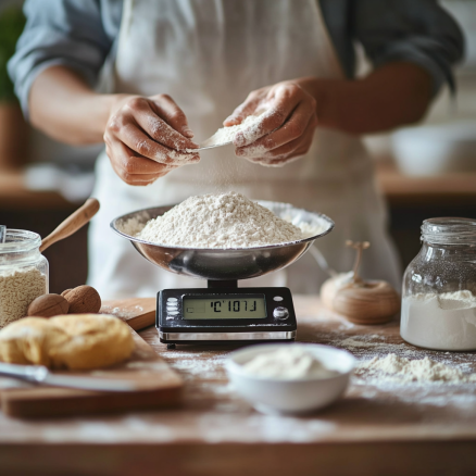Baker weighing flour for Pan De Cristal recipe preparation.