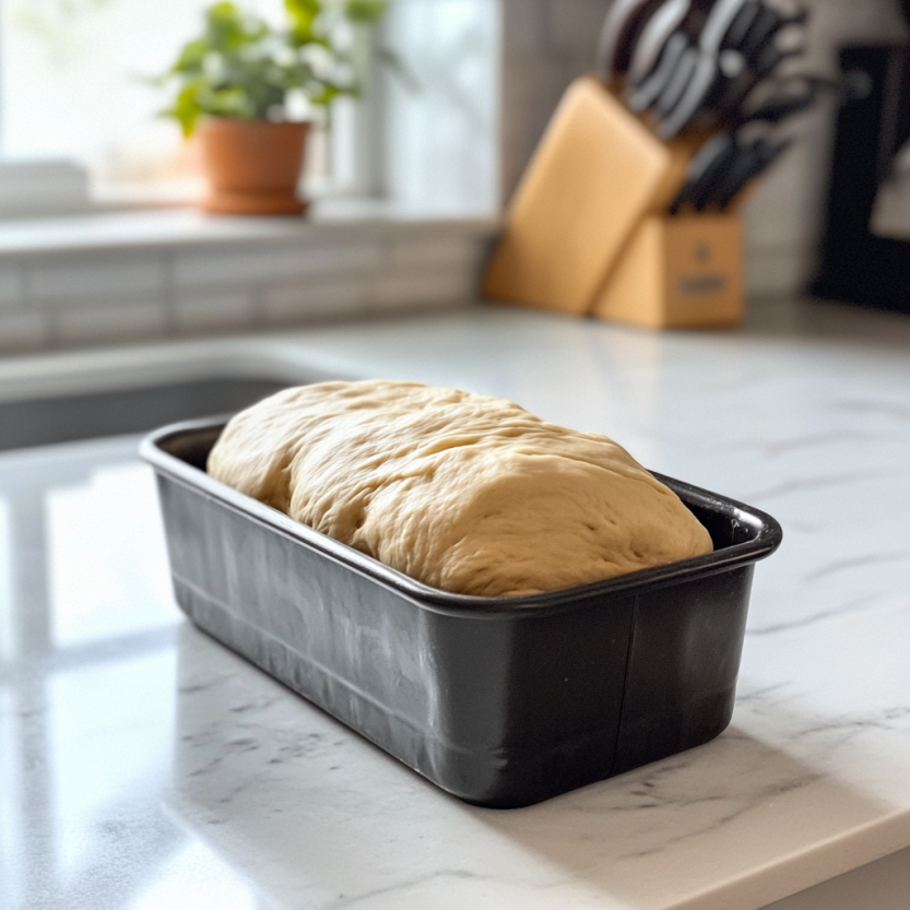 Masa sin gluten colocada en un molde para hornear Pan Sin Gluten casero.
