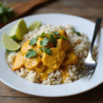 Pollo al curry con arroz servido con cilantro y rodajas de lima para Pollo al curry con arroz