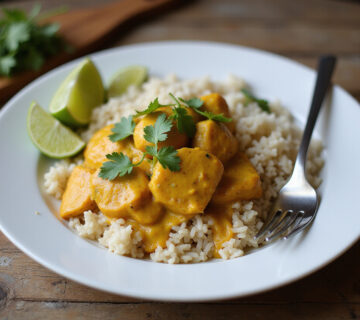 Pollo al curry con arroz servido con cilantro y rodajas de lima para Pollo al curry con arroz
