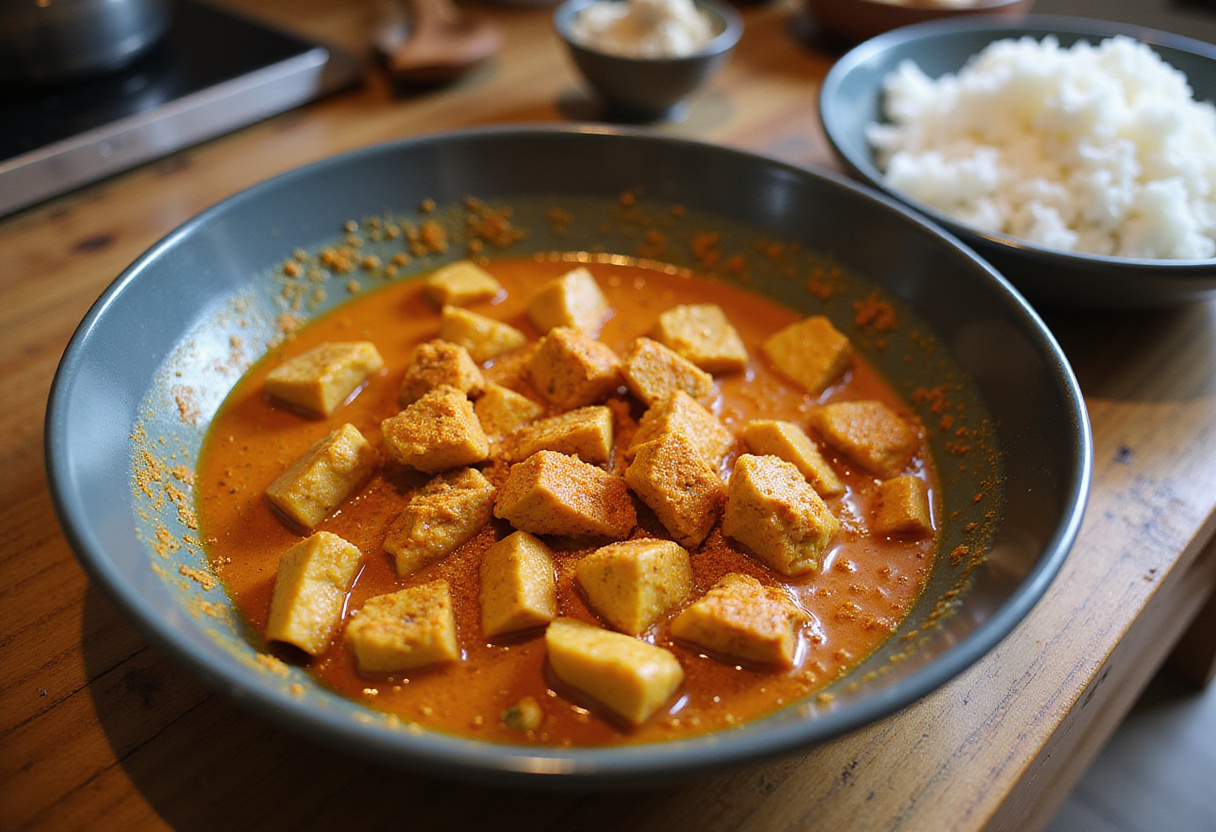 Piezas de pollo con polvo de curry preparadas junto a arroz para Pollo al curry con arroz
