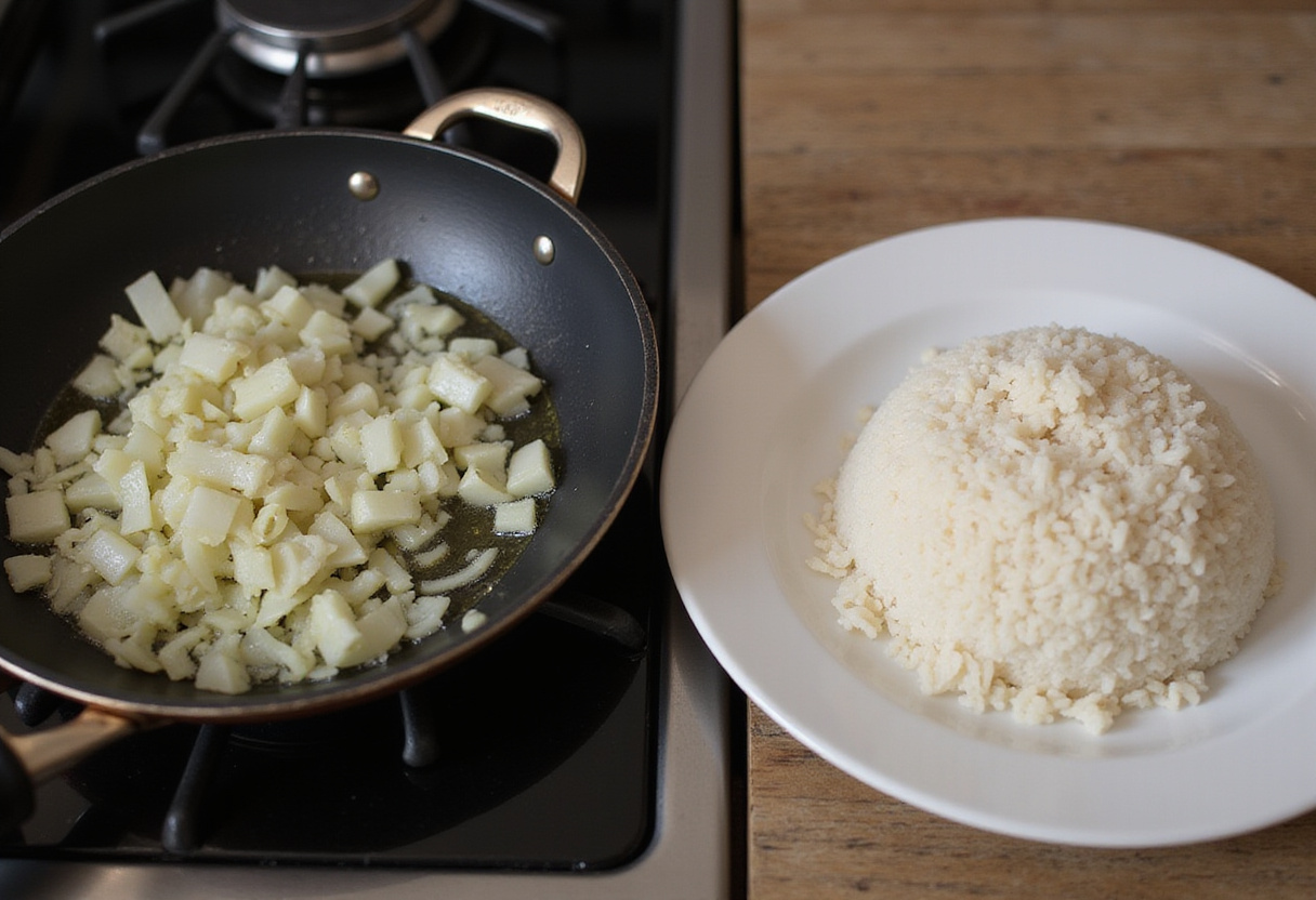 Cebolla salteándose en sartén junto a arroz al vapor para Pollo al curry con arroz