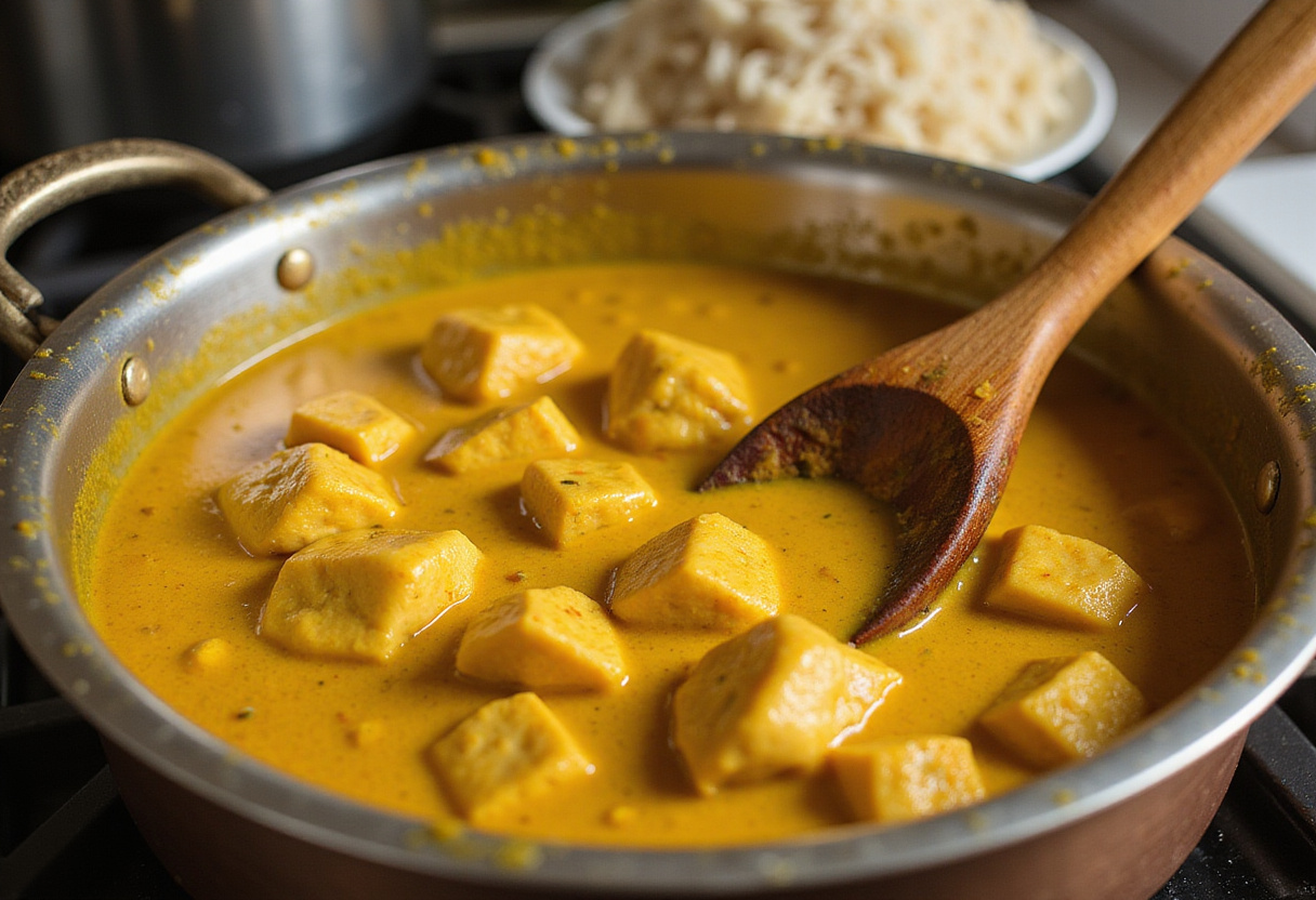 Pollo cocinándose en salsa de curry amarillo junto a arroz para Pollo al curry con arroz