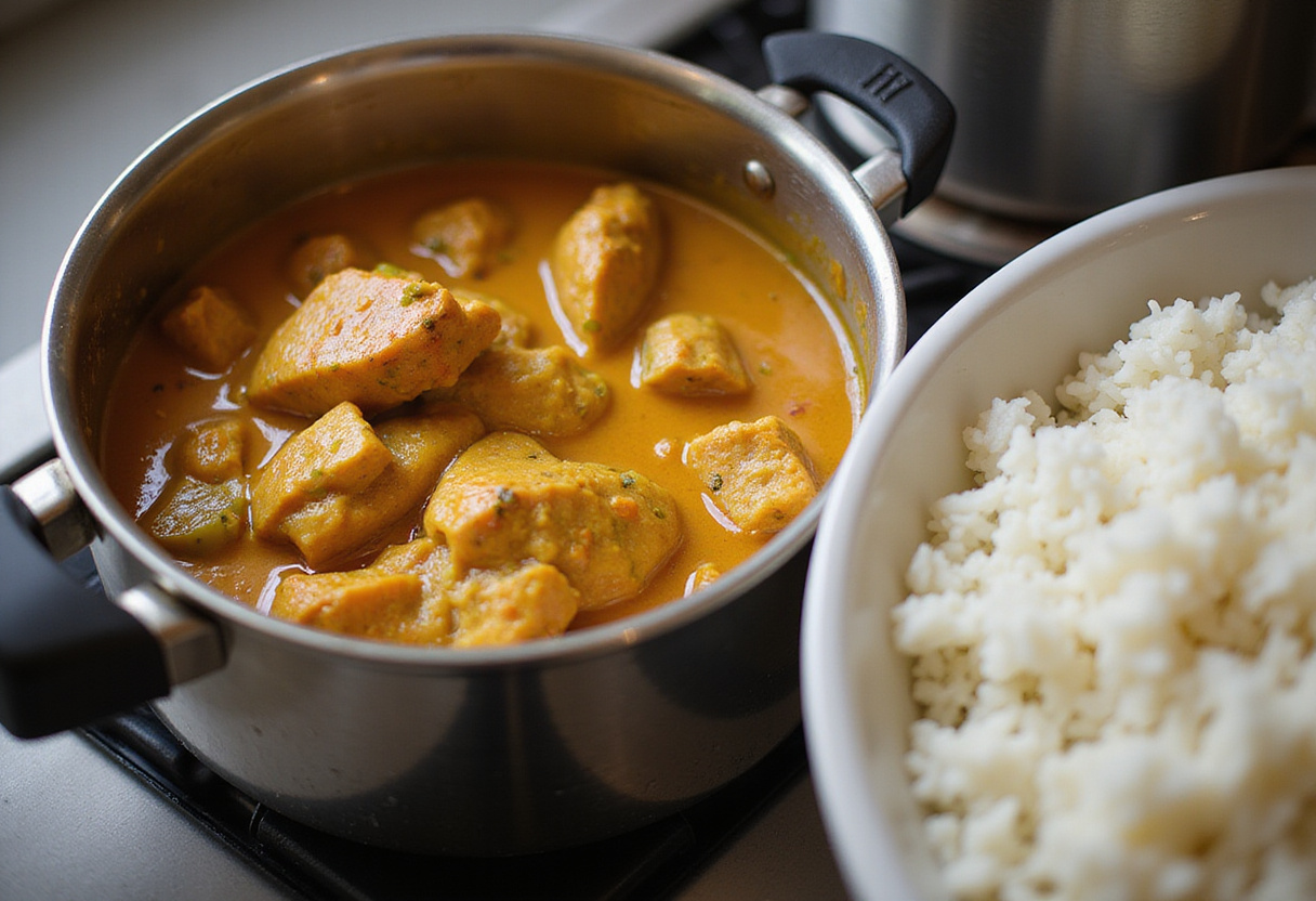 Pollo al curry con leche de coco hirviendo suavemente junto a arroz para Pollo al curry con arroz
