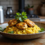 Plato de pollo con arroz al curry servido con cilantro en mesa rústica.