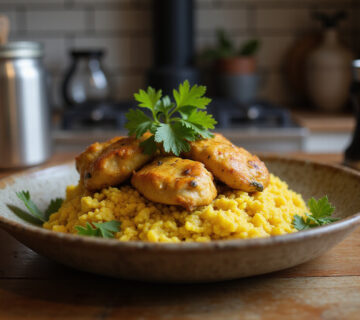 Plato de pollo con arroz al curry servido con cilantro en mesa rústica.