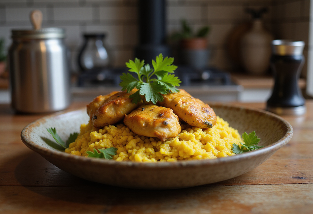 Plato de pollo con arroz al curry servido con cilantro en mesa rústica.