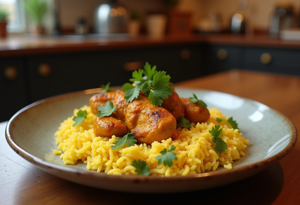 Plato de pollo con arroz al curry servido con cilantro en mesa rústica.
