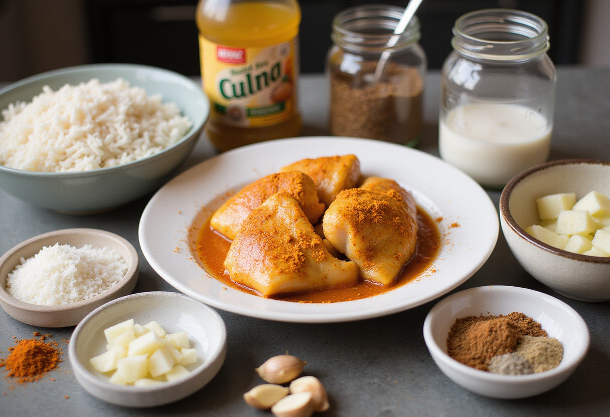 Ingredientes para pollo con arroz al curry dispuestos en la encimera con pollo, curry, arroz y especias.