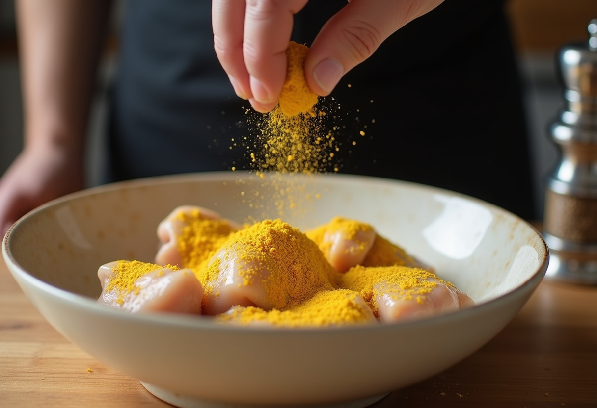 Piezas de pollo sazonadas con curry para receta de pollo con arroz al curry.