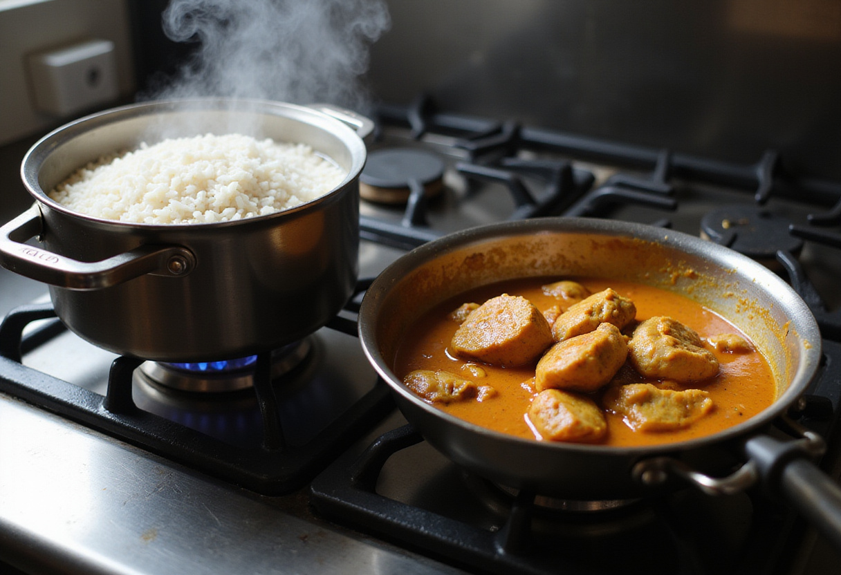 Arroz cocinándose en leche de coco junto a pollo al curry para pollo con arroz al curry.
