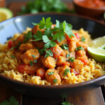 Presentación final de pollo con arroz servido con cilantro, rodajas de aguacate y limón en una mesa rústica.