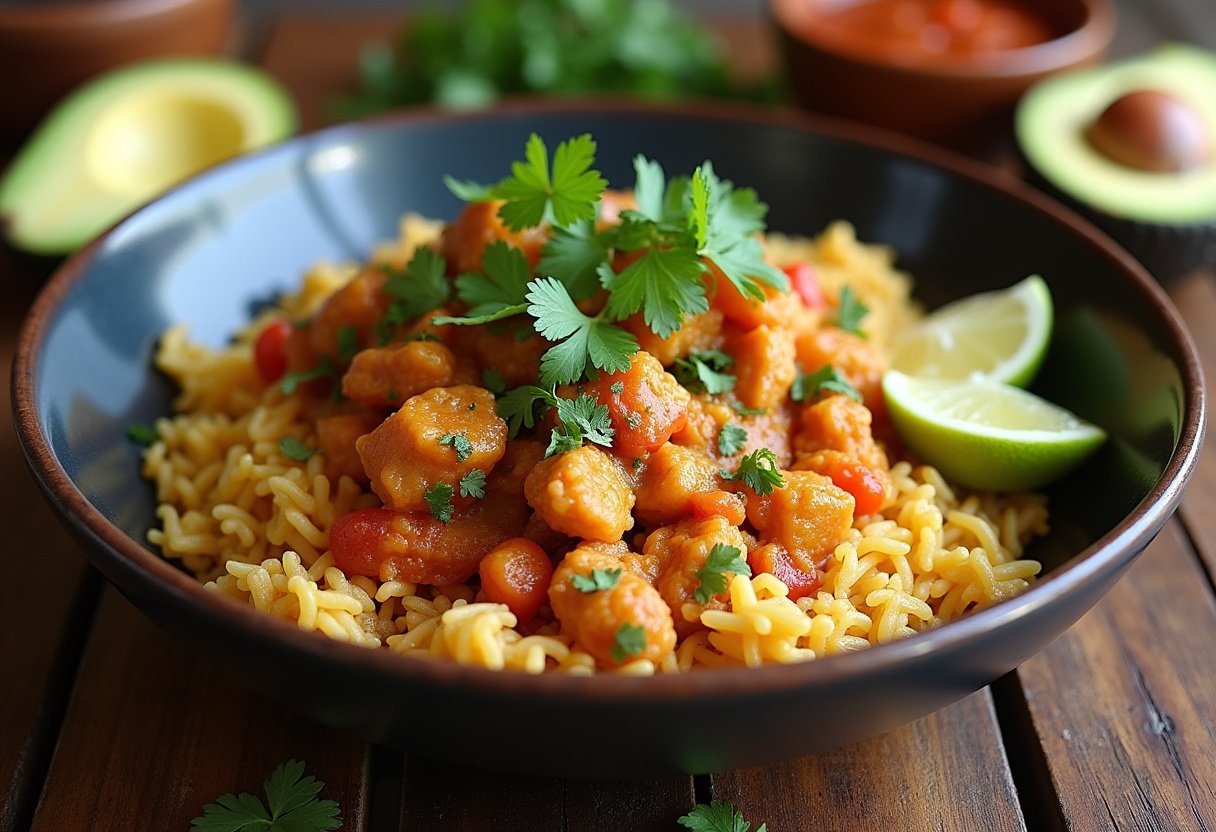 Presentación final de pollo con arroz servido con cilantro, rodajas de aguacate y limón en una mesa rústica.
