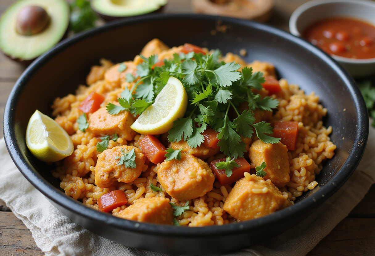 Presentación final de pollo con arroz servido con cilantro, rodajas de aguacate y limón en una mesa rústica.
