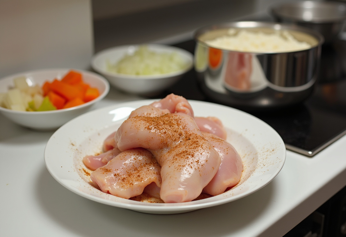 Ingredientes para preparar pollo con arroz en un mostrador de cocina con pollo sazonado, cebolla, ajo y pimientos picados.