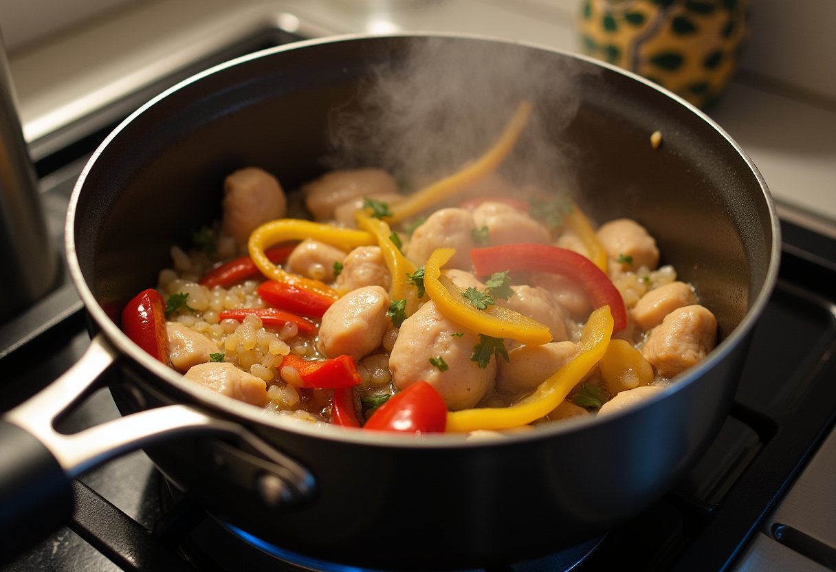 Sofriendo cebolla y pimientos en aceite de oliva antes de añadir pollo para receta de pollo con arroz.