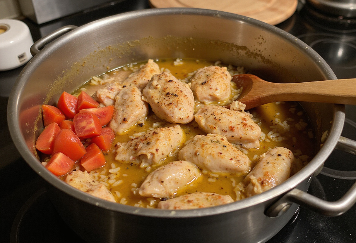 Arroz y pollo con tomates y caldo en la olla listos para cocinar pollo con arroz tradicional.