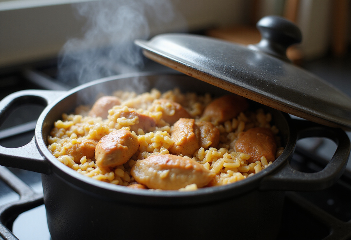 Olla tapada cocinando pollo con arroz a fuego lento con vapor saliendo por la tapa.